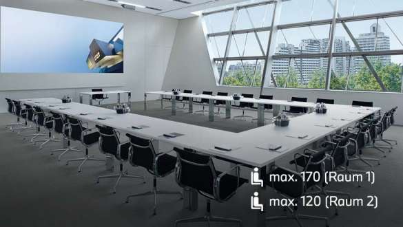 Business Center Business Center of BMW Welt Munich with long conference table and view over the Munich Olympic Park
